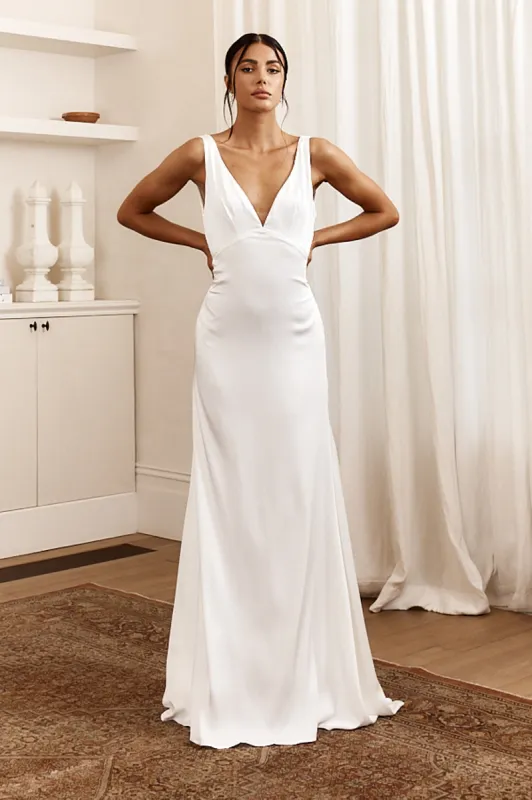 See The Sun V-Neckline Satin Maxi Dress White sold by Selfie Leslie