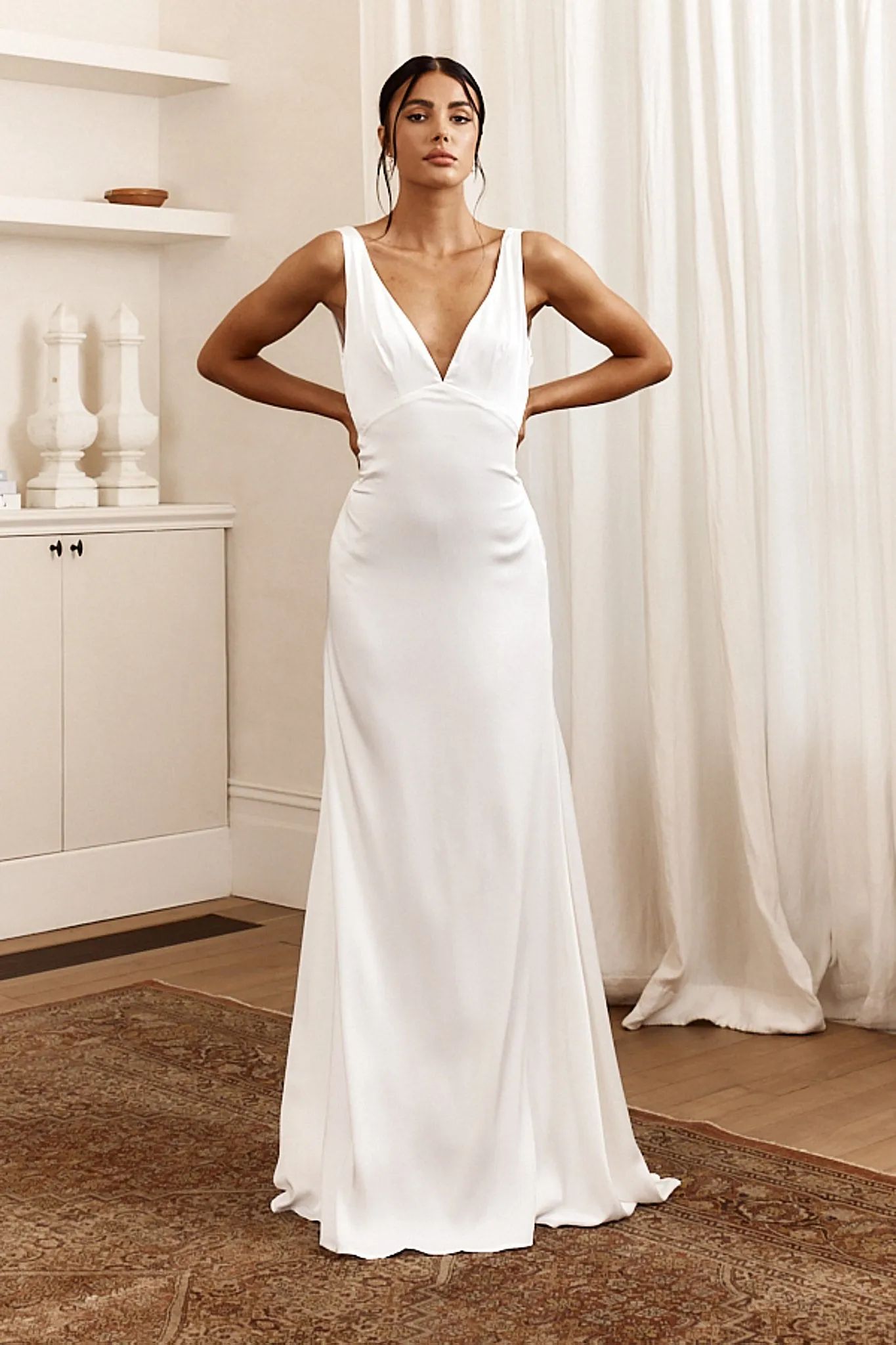 See The Sun V-Neckline Satin Maxi Dress White sold by Selfie Leslie