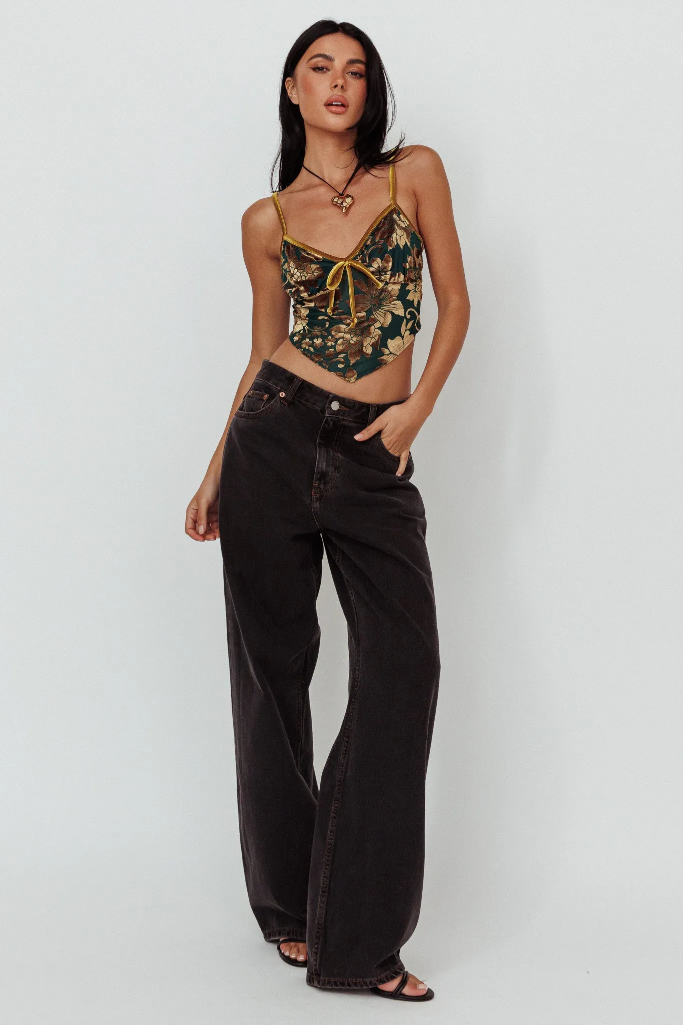 Caught Feelings Floral Velour Crop Top Green/Gold sold by Selfie Leslie product image thumbnail 3
