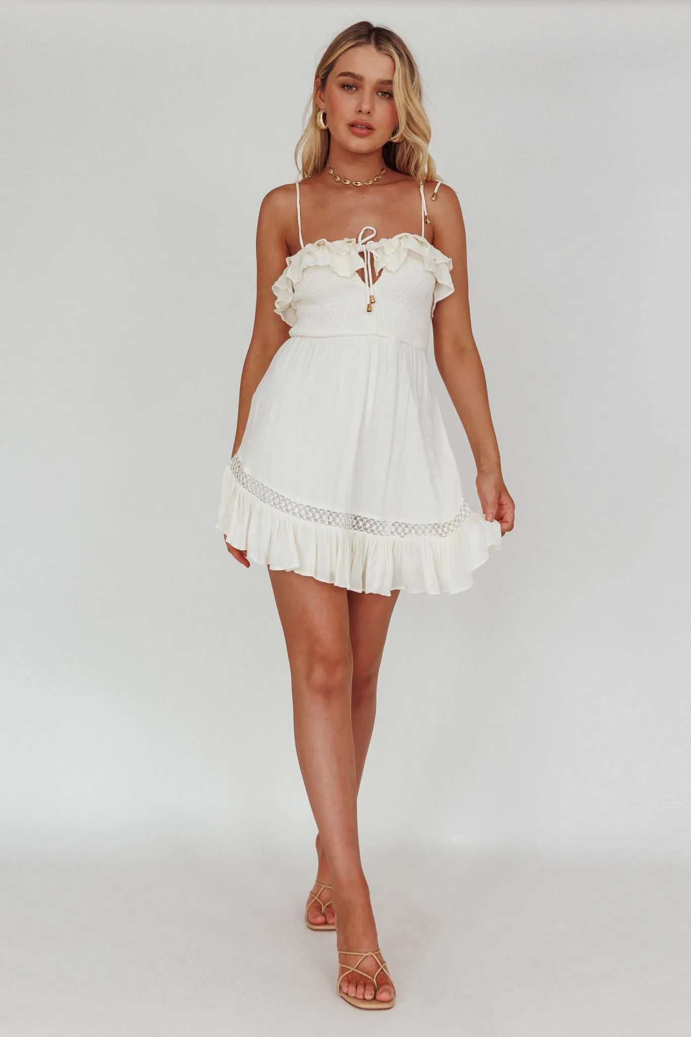 Daydream Shirred Bust Frill Trim Mini Dress White sold by Selfie Leslie product image thumbnail 3