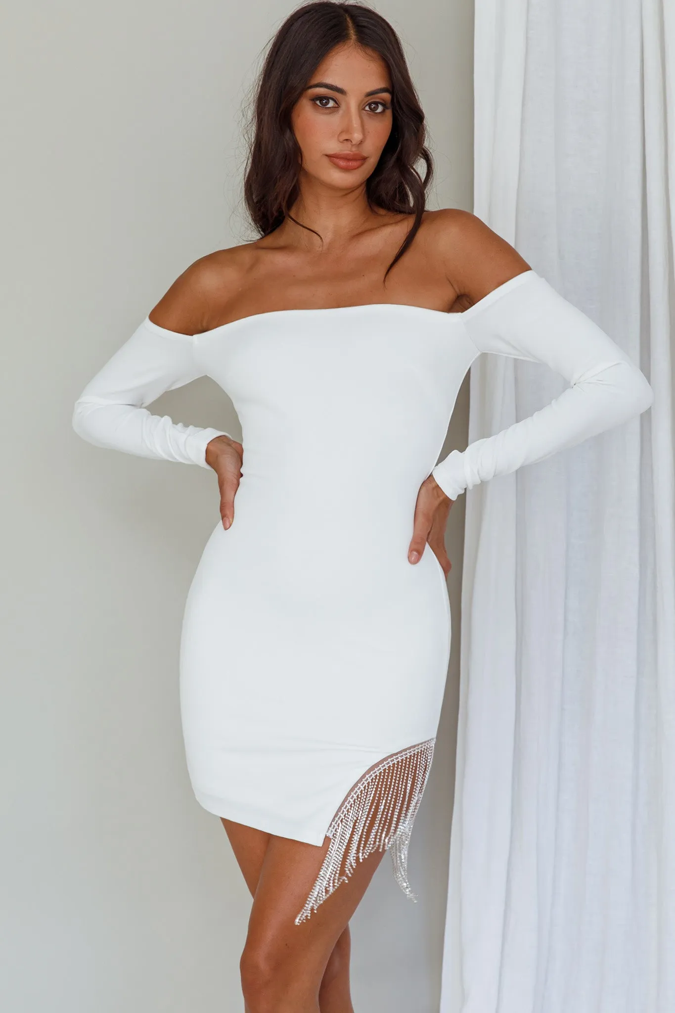 Call On Me Diamante Off-Shoulder Mini Dress White sold by Selfie Leslie product image thumbnail 5