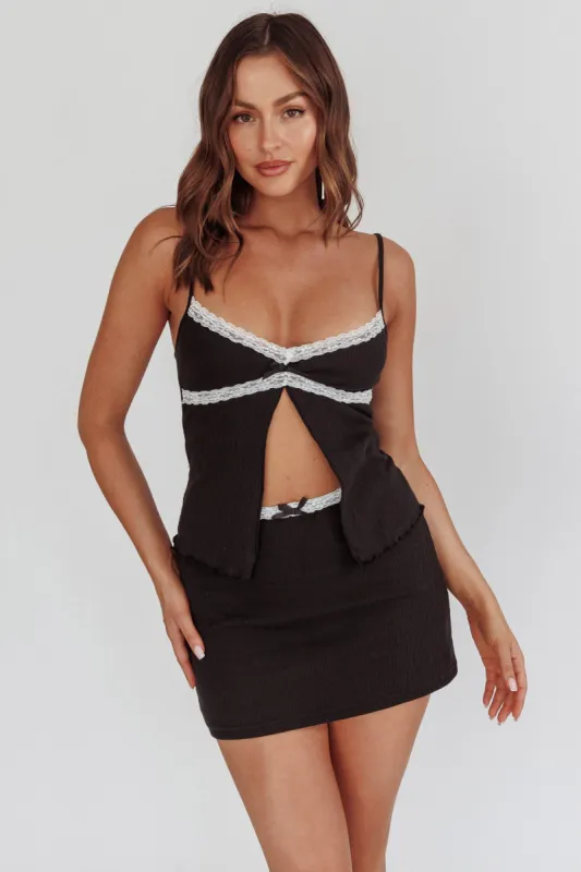 Alayna Lace Trim Split Top Black/White sold by Selfie Leslie