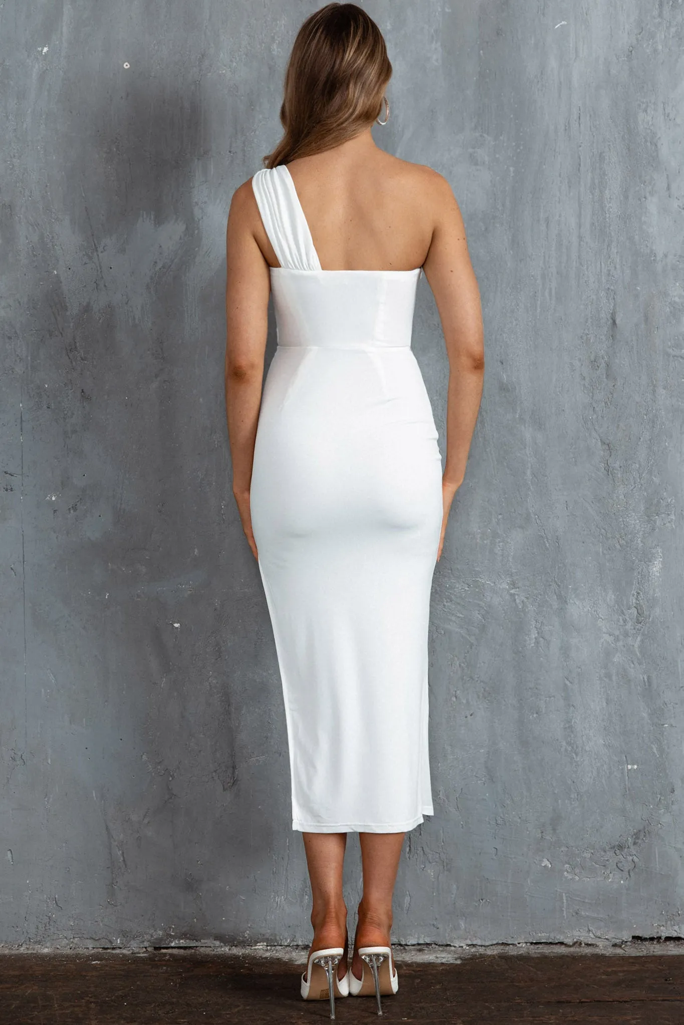 Andres One-Sleeve Midi Dress White sold by Selfie Leslie product image thumbnail 2