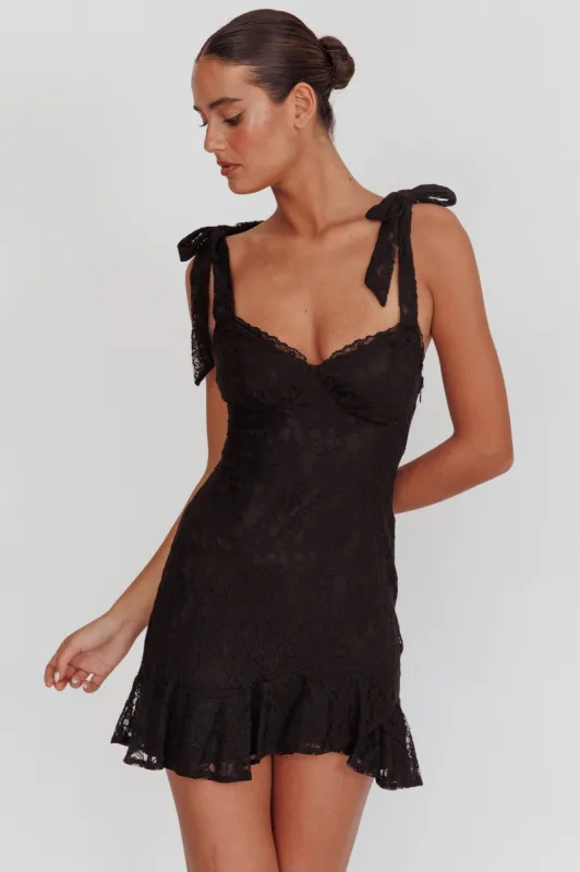 Emine Bow Shoulder Lace Mini Dress Black sold by Selfie Leslie
