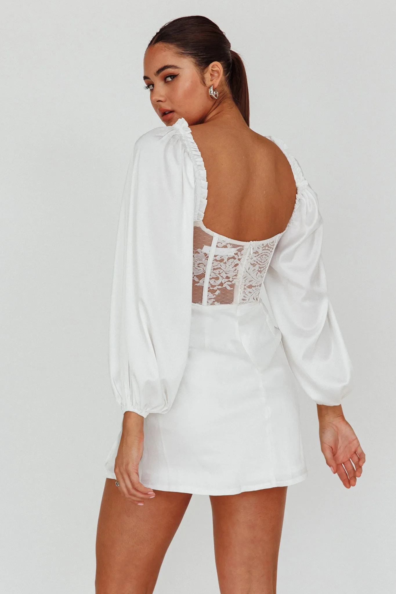 Trophy Long Sleeve Lace Bodice Mini Dress White sold by Selfie Leslie product image thumbnail 2