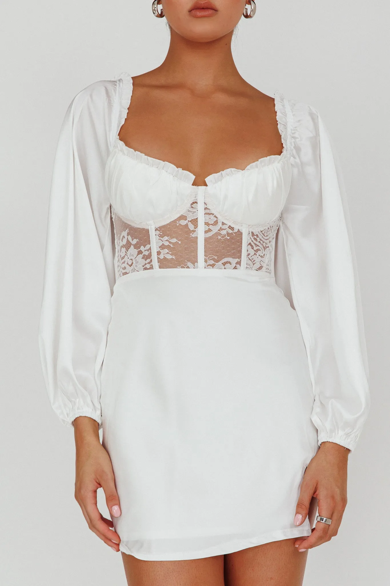 Trophy Long Sleeve Lace Bodice Mini Dress White sold by Selfie Leslie product image thumbnail 4