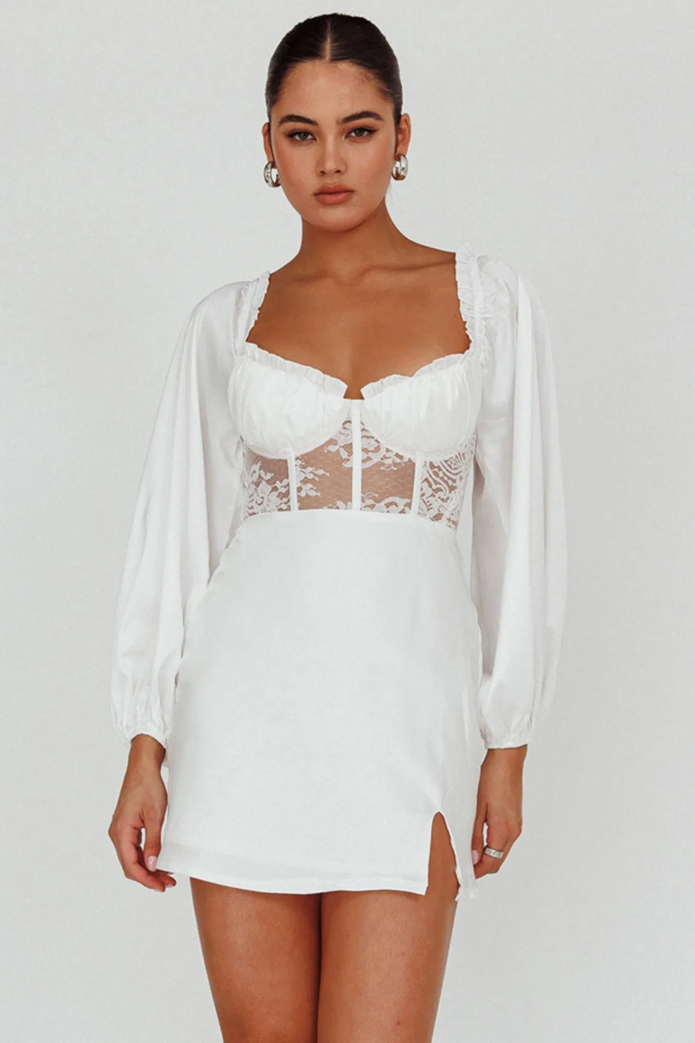 Trophy Long Sleeve Lace Bodice Mini Dress White sold by Selfie Leslie