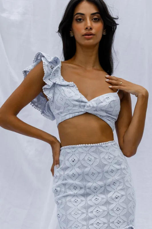 Talk About Me Ruffle Shoulder Twist Bust Crop Top Steel Blue sold by Selfie Leslie