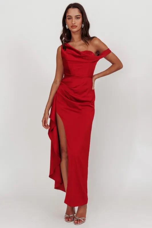 Sensations Off Shoulder Satin Maxi Dress Red sold by Selfie Leslie