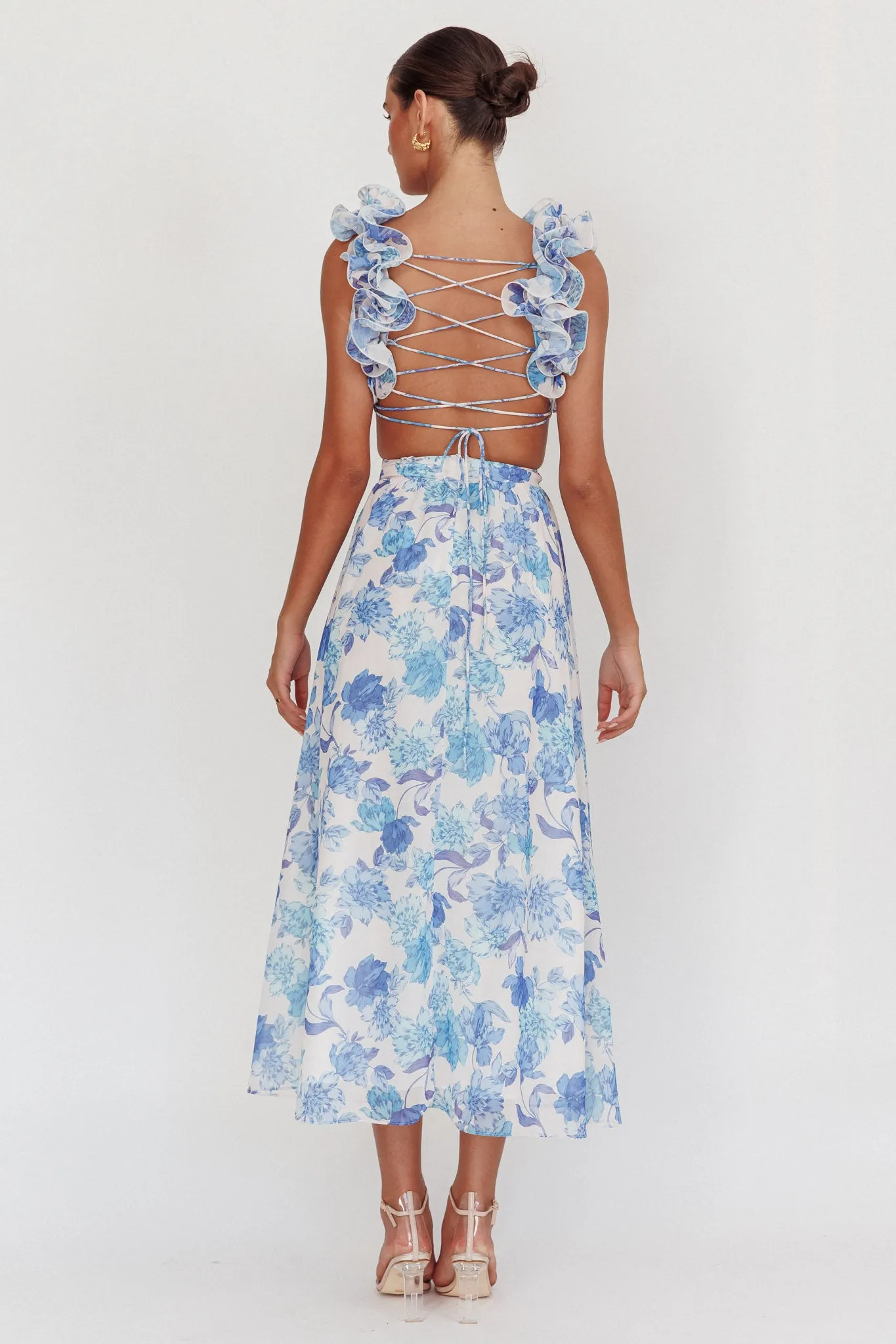 Madara Lace-Up Back Maxi Dress Floral Blue sold by Selfie Leslie product image thumbnail 2