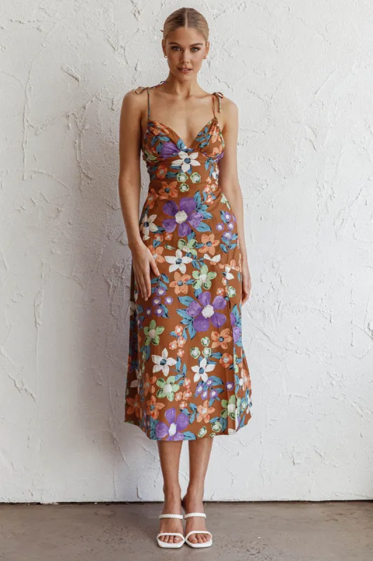 Clovelly Tied Shoulder Midi Dress Flower Terracotta sold by Selfie Leslie