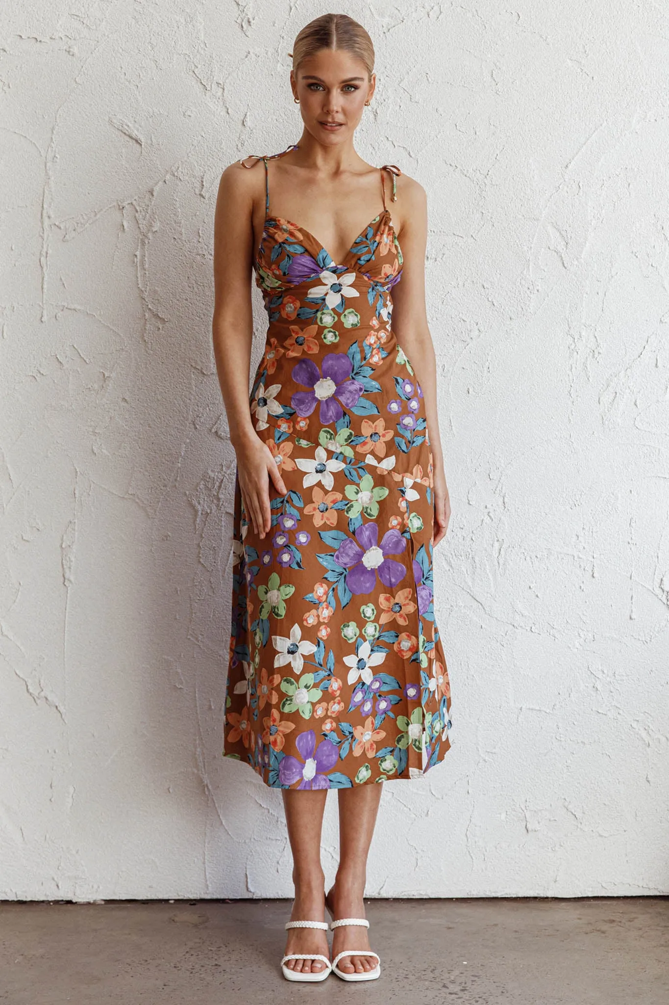 Clovelly Tied Shoulder Midi Dress Flower Terracotta sold by Selfie Leslie