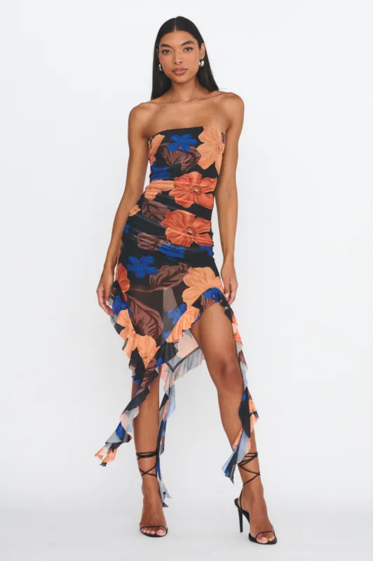 After Party Ruffle Trim Midi Dress Floral Black sold by Selfie Leslie