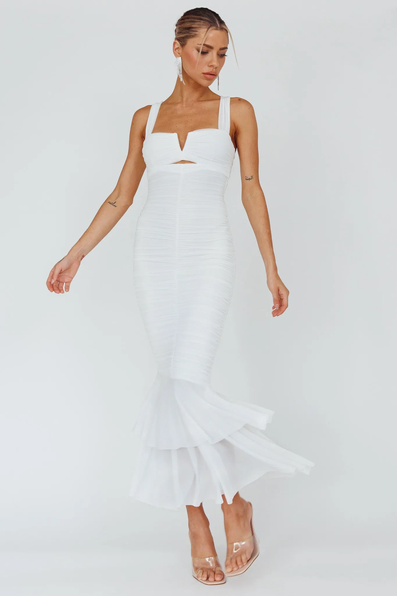 Nadia Ruched Fishtail Maxi Dress White sold by Selfie Leslie