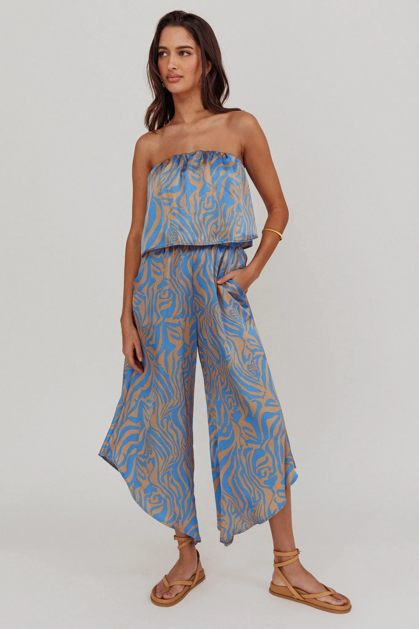 Tongue Tied Printed Strapless Jumpsuit Blue sold by Selfie Leslie