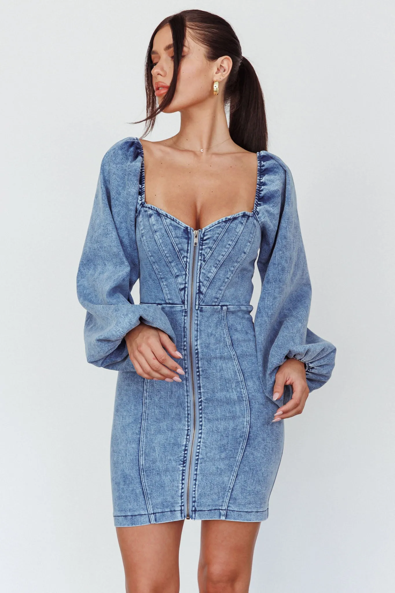 Tasmyn Balloon Sleeve Zipper Mini Dress Denim sold by Selfie Leslie product image thumbnail 5