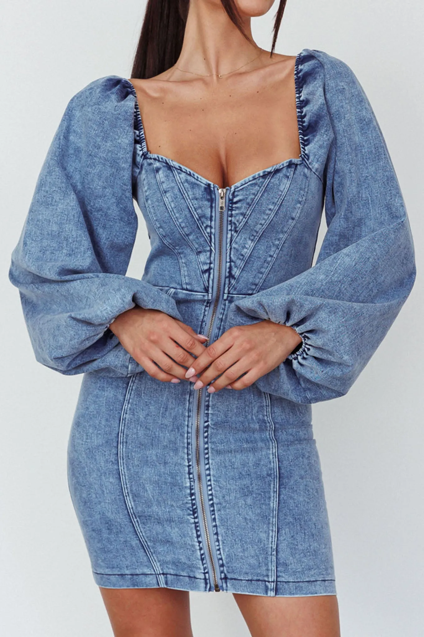 Tasmyn Balloon Sleeve Zipper Mini Dress Denim sold by Selfie Leslie product image thumbnail 4