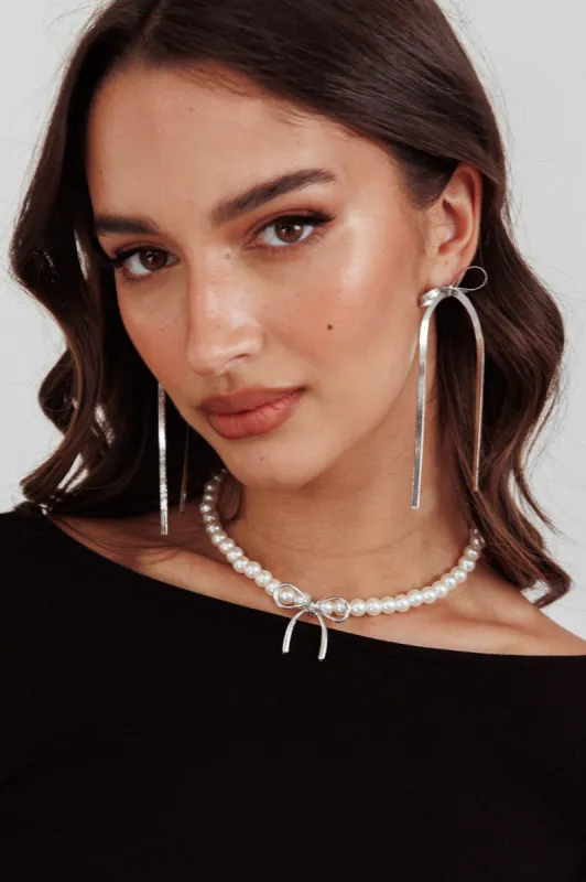 Daydream Bow Accent Pearl Necklace Silver sold by Selfie Leslie