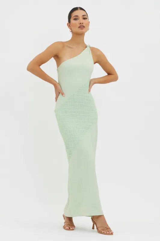 Clean Slate One-Shoulder Smocked Midi Dress Sage sold by Selfie Leslie