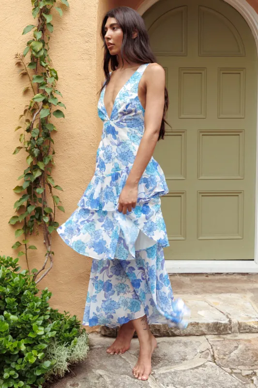 Veda Strappy Back Ruffle Midi Dress Floral Blue sold by Selfie Leslie