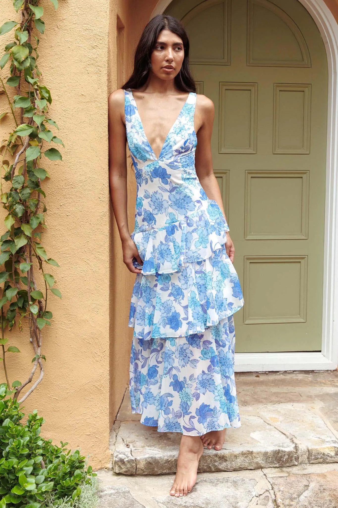 Veda Strappy Back Ruffle Midi Dress Floral Blue sold by Selfie Leslie product image thumbnail 3