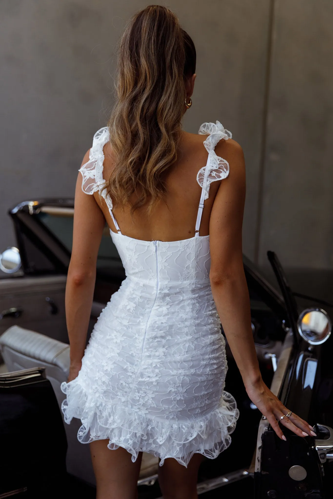 Kaley Ruched Side Layered Frill Hem Lace Mini Dress White sold by Selfie Leslie product image thumbnail 2