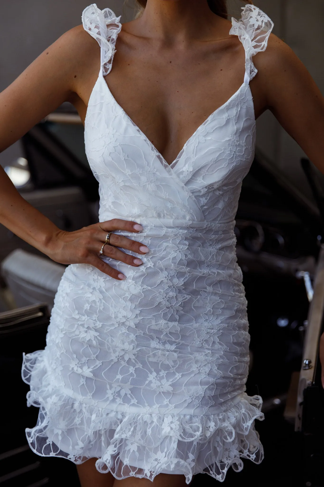 Kaley Ruched Side Layered Frill Hem Lace Mini Dress White sold by Selfie Leslie product image thumbnail 4