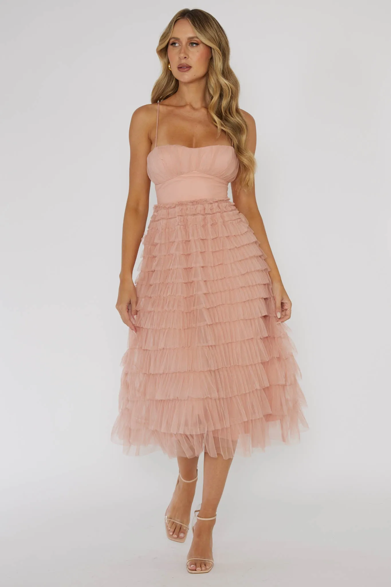 Garden Party Tiered Frill Midi Dress Blush sold by Selfie Leslie product image thumbnail 3