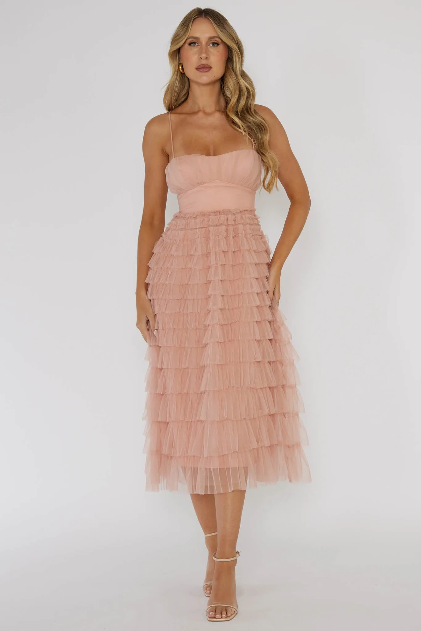 Garden Party Tiered Frill Midi Dress Blush sold by Selfie Leslie product image thumbnail 5