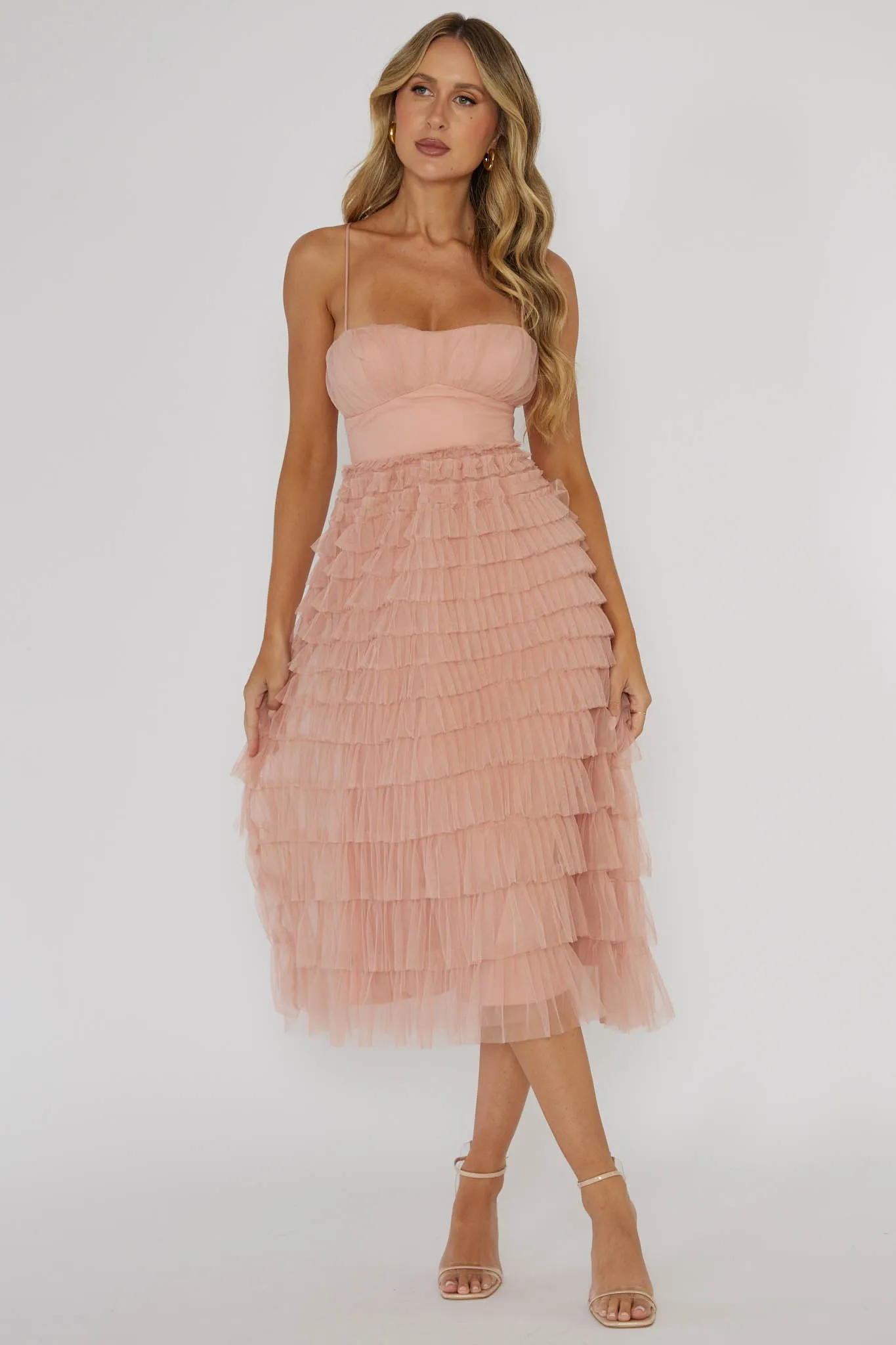 Garden Party Tiered Frill Midi Dress Blush sold by Selfie Leslie