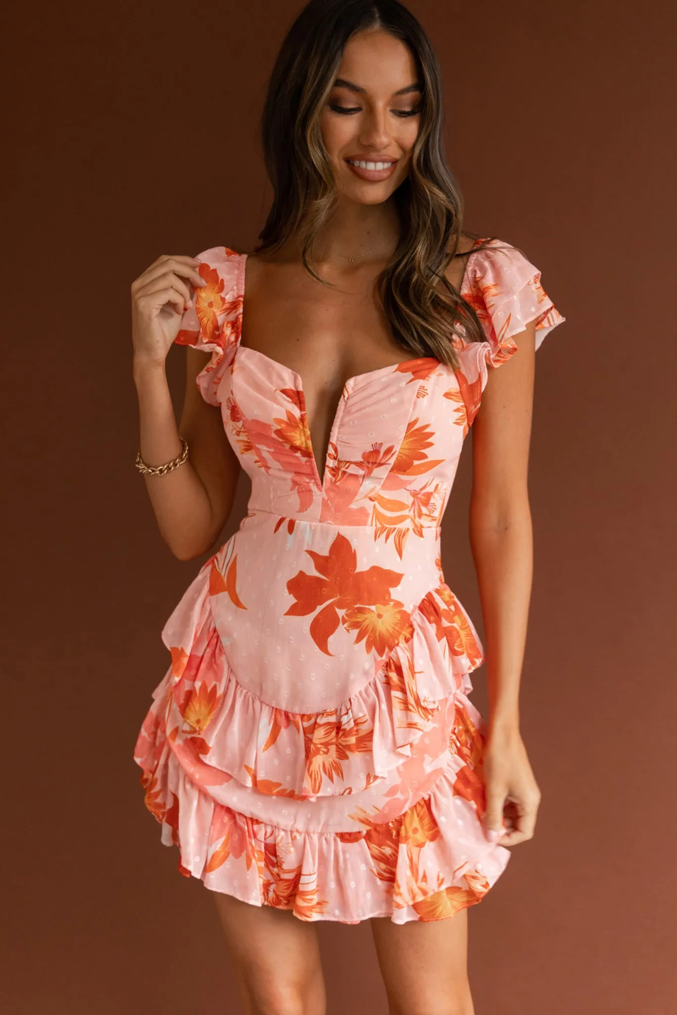 Liz Ruffle Shoulder Dress Floral Orange sold by Selfie Leslie