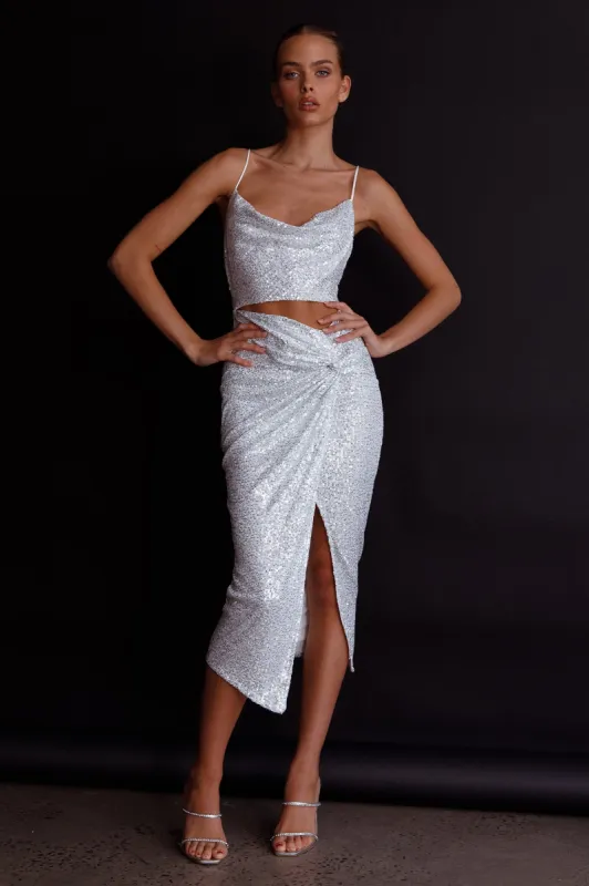 Miami Nights Cowl Neckline Twist Feature Midi Dress Sequin Silver sold by Selfie Leslie