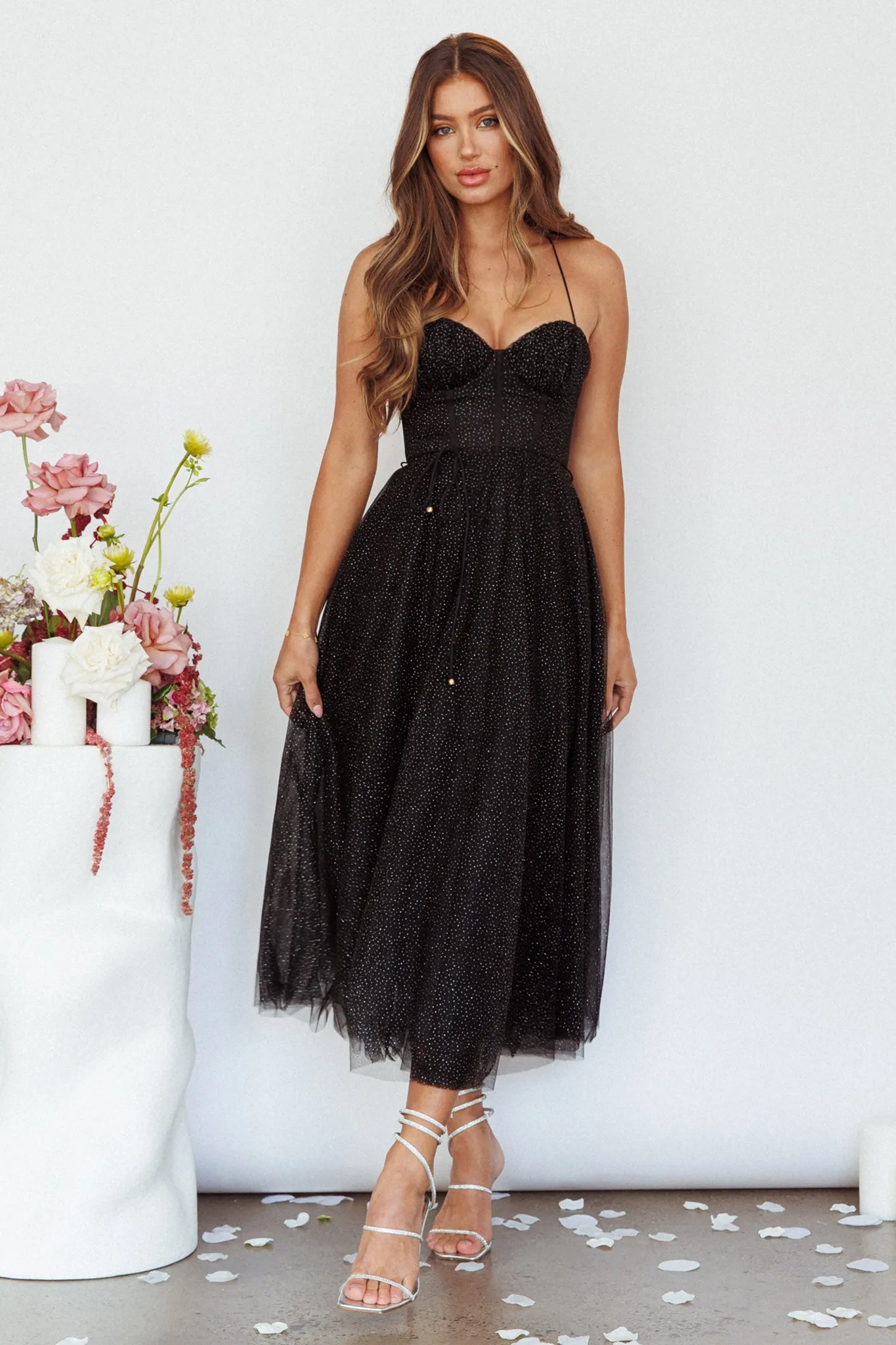 Smitten Sweetheart Neckline Chiffon Midi Dress Black Sparkle sold by Selfie Leslie product image thumbnail 4