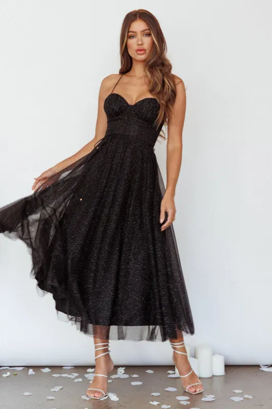 Smitten Sweetheart Neckline Chiffon Midi Dress Black Sparkle sold by Selfie Leslie