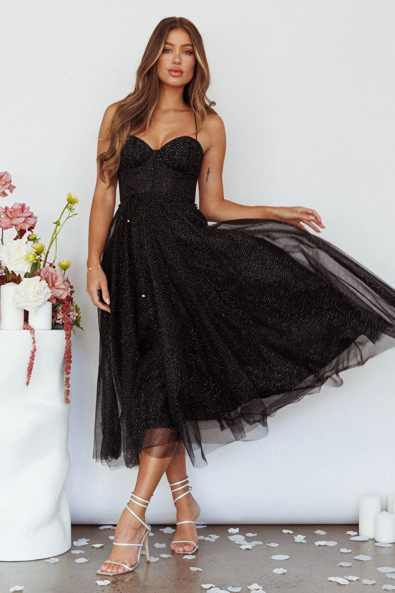 Smitten Sweetheart Neckline Chiffon Midi Dress Black Sparkle sold by Selfie Leslie product image thumbnail 5