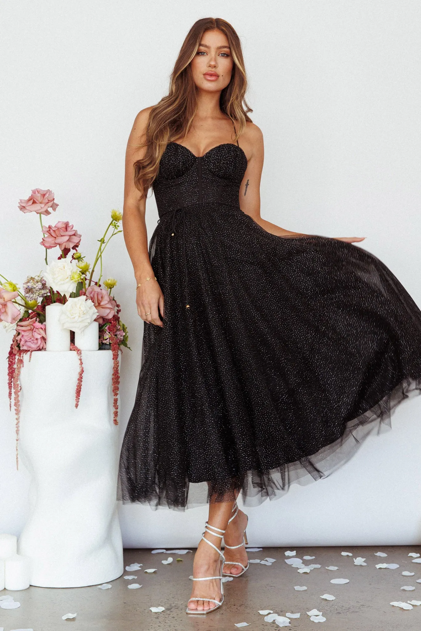 Smitten Sweetheart Neckline Chiffon Midi Dress Black Sparkle sold by Selfie Leslie product image thumbnail 3