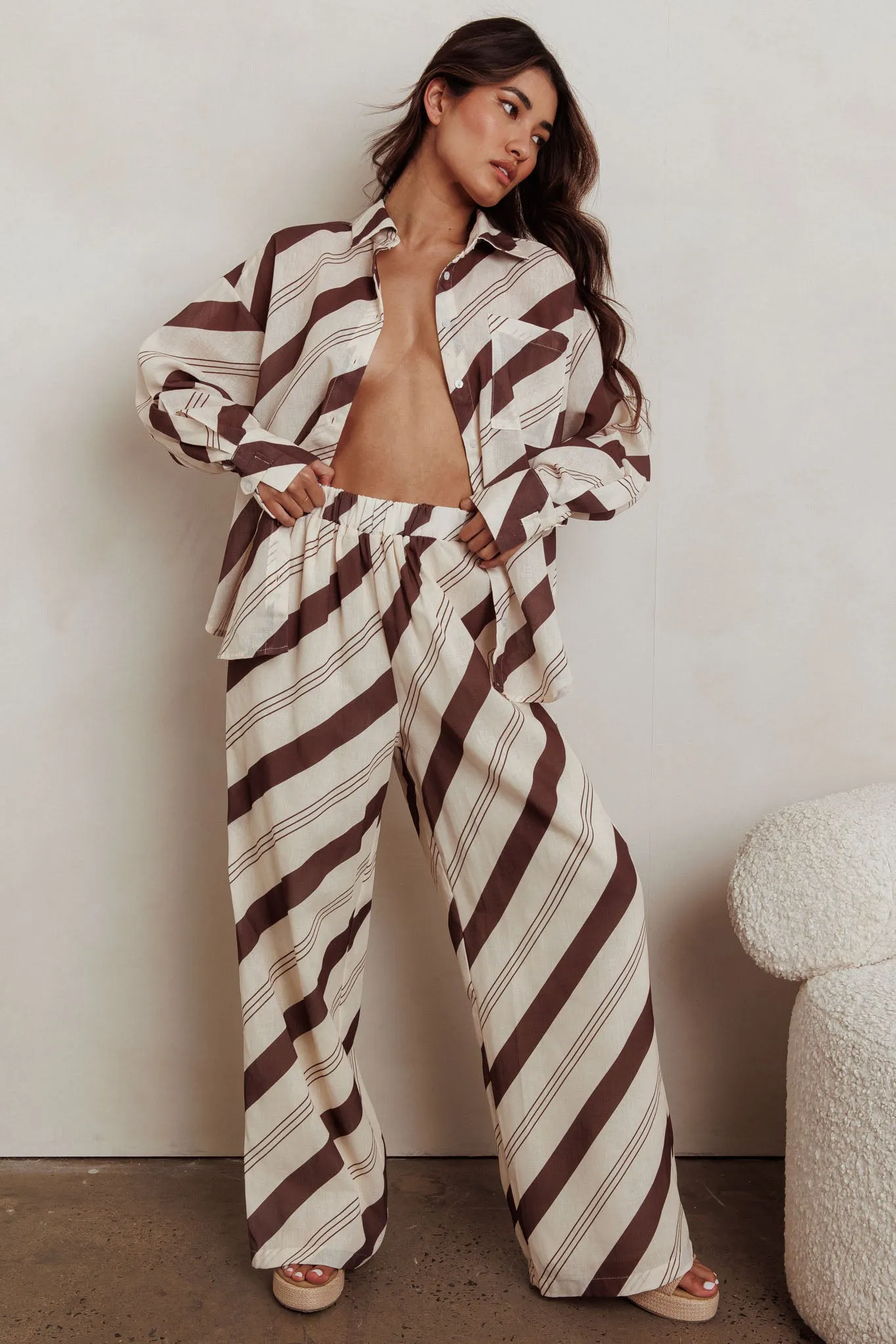 Alex Elastic Waist Striped Print Pant Cream/Cacao sold by Selfie Leslie