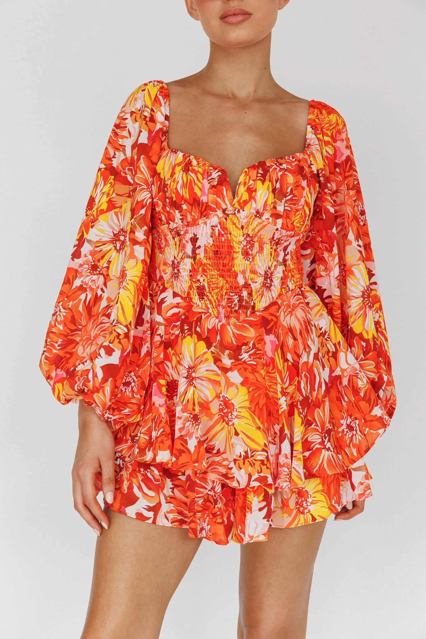 Evanice Shirred Waist Romper Floral Yellow sold by Selfie Leslie product image thumbnail 4