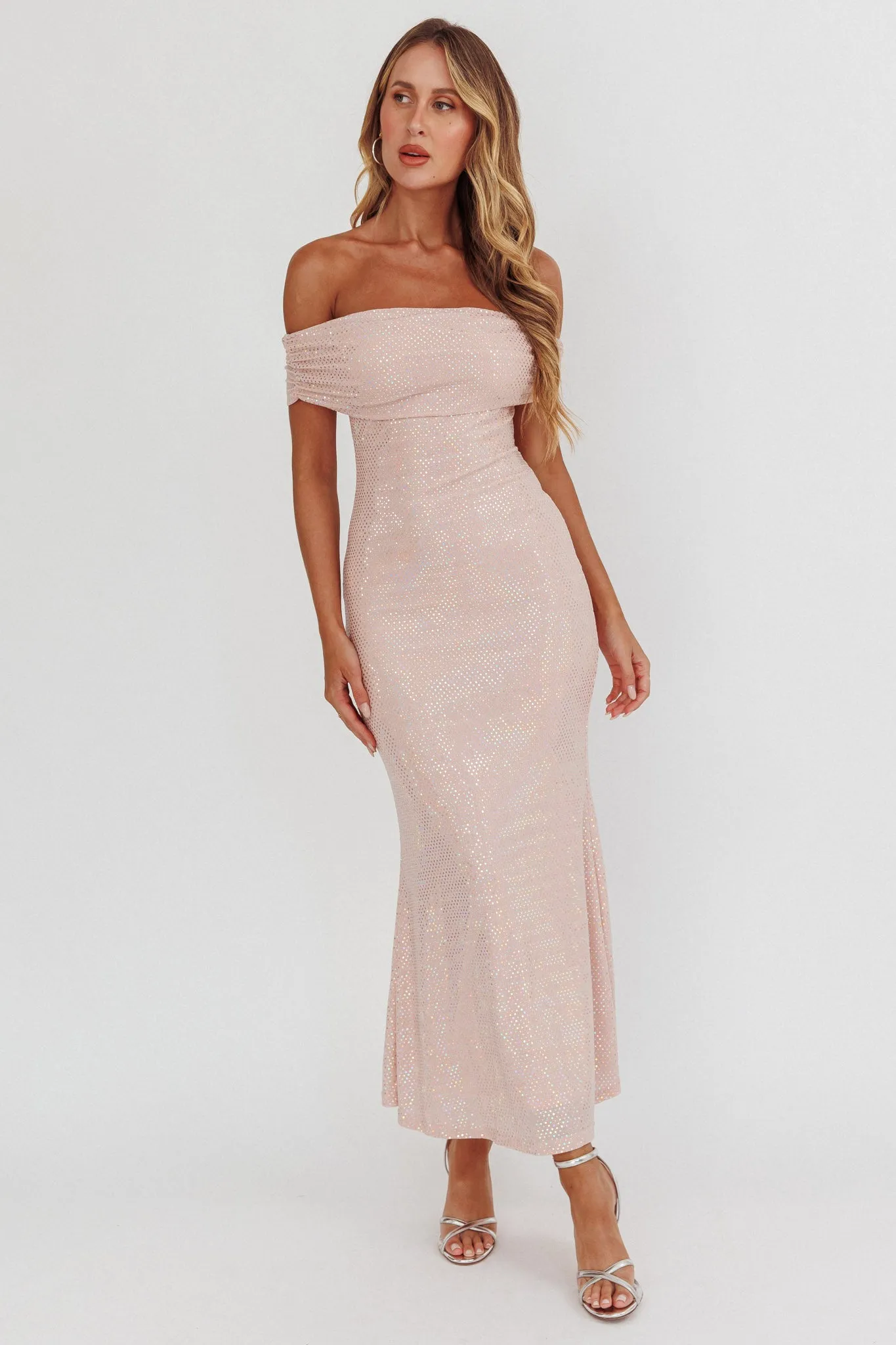 Kailey Off-Shoulder Maxi Dress Spangle Blush sold by Selfie Leslie