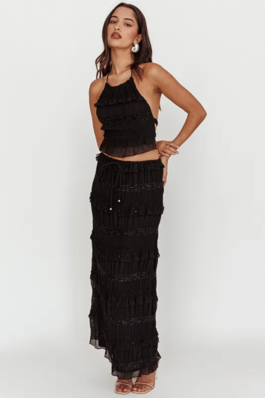 Helios Shirred Sequin Maxi Skirt Black sold by Selfie Leslie
