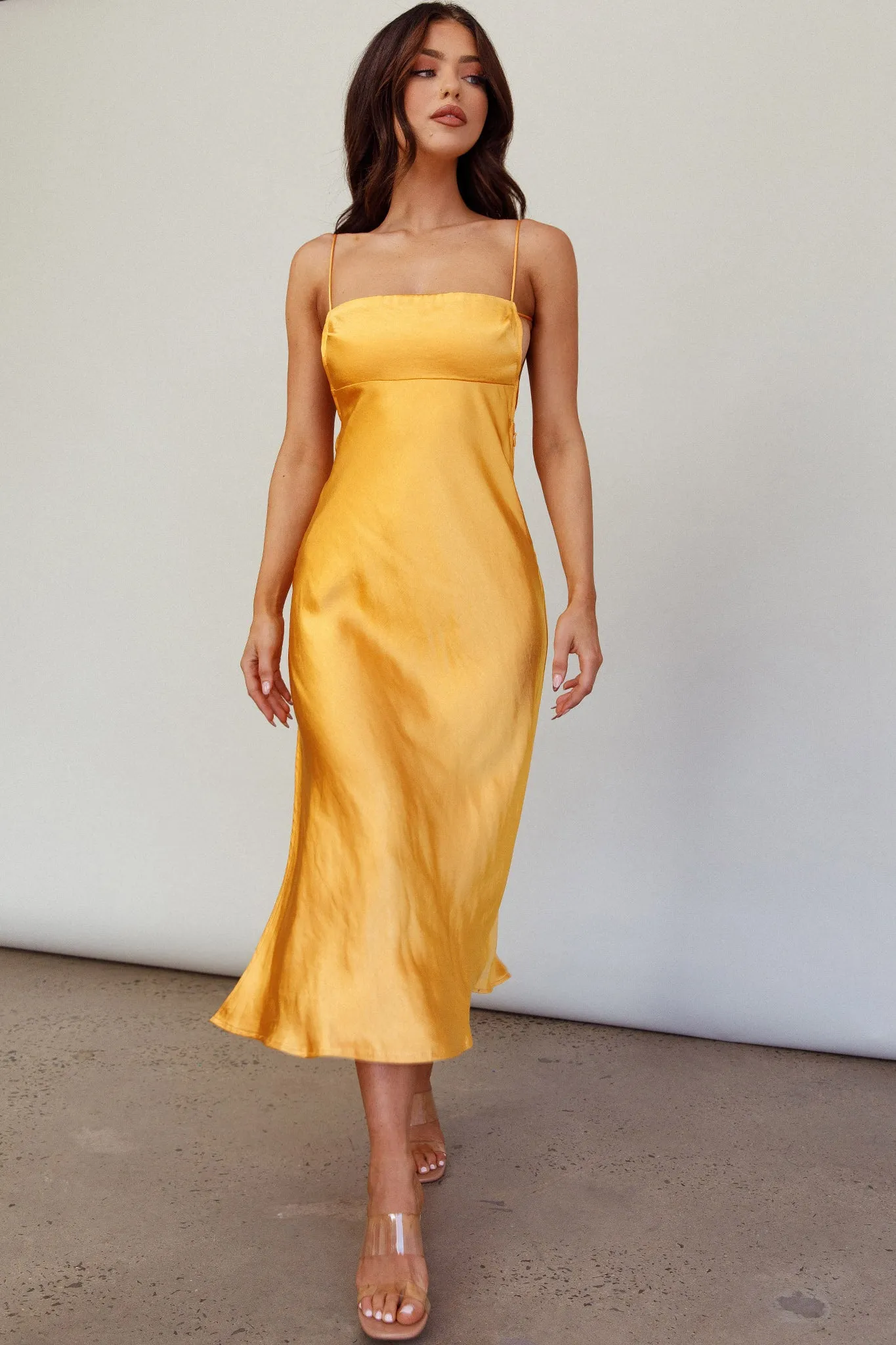 Dolce Life Low Back Midi Dress Orange sold by Selfie Leslie