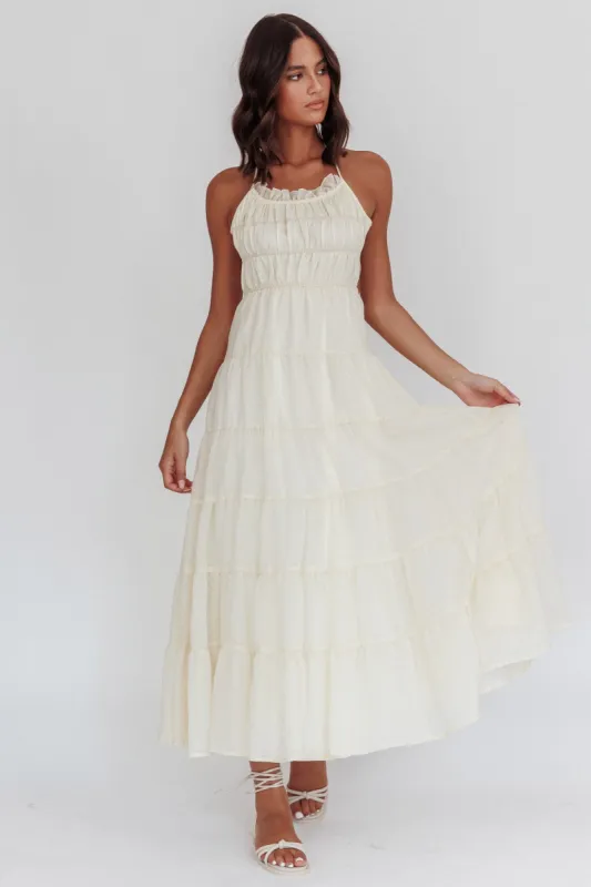 On A High Open Back Maxi Dress Ivory sold by Selfie Leslie