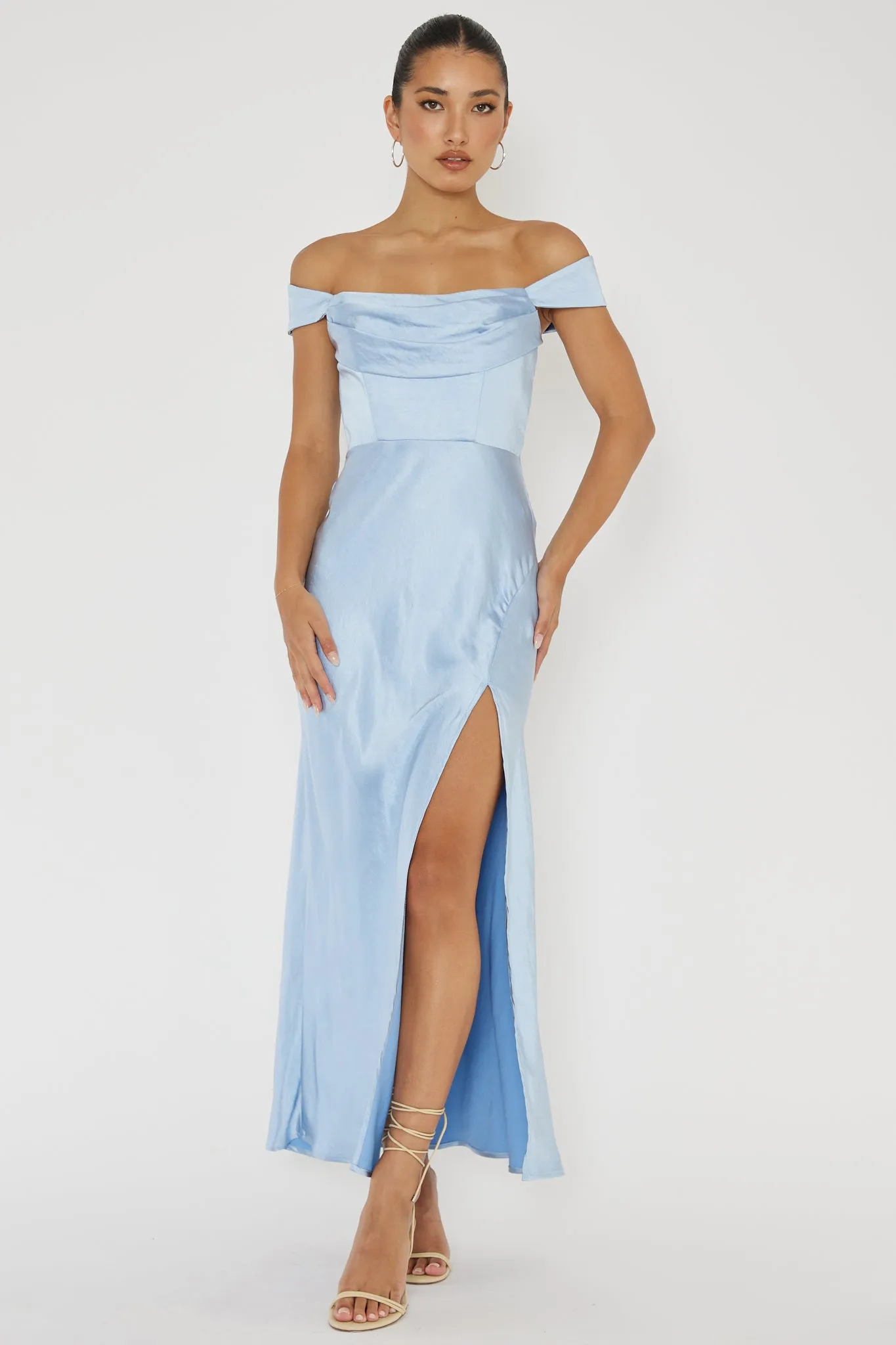 Lucinda Off-Shoulder V-Back Dress Blue sold by Selfie Leslie