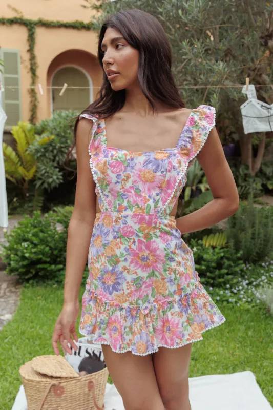 Porcia Tied Back Frill Dress White Multi sold by Selfie Leslie