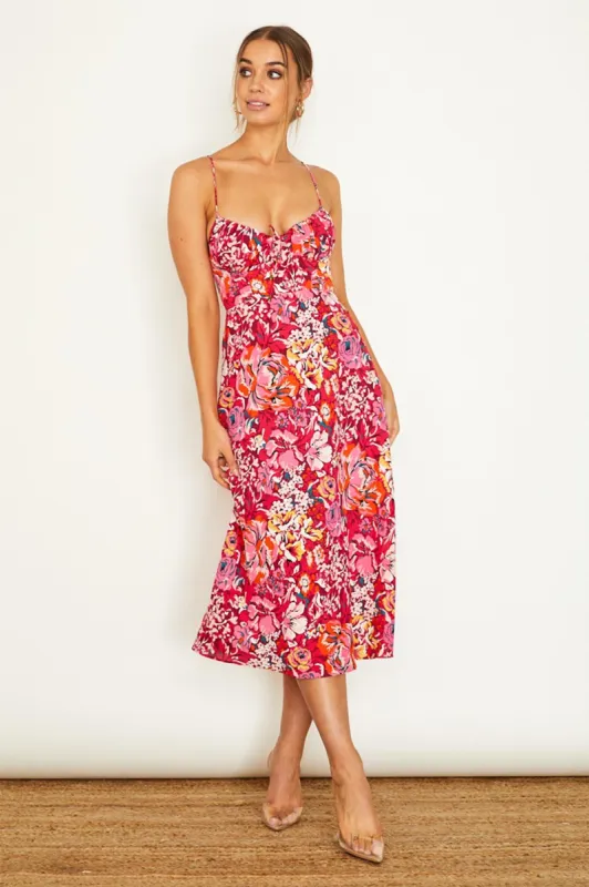 Malibu Gathered Bust Cami Strap Midi Dress Floral Red sold by Selfie Leslie