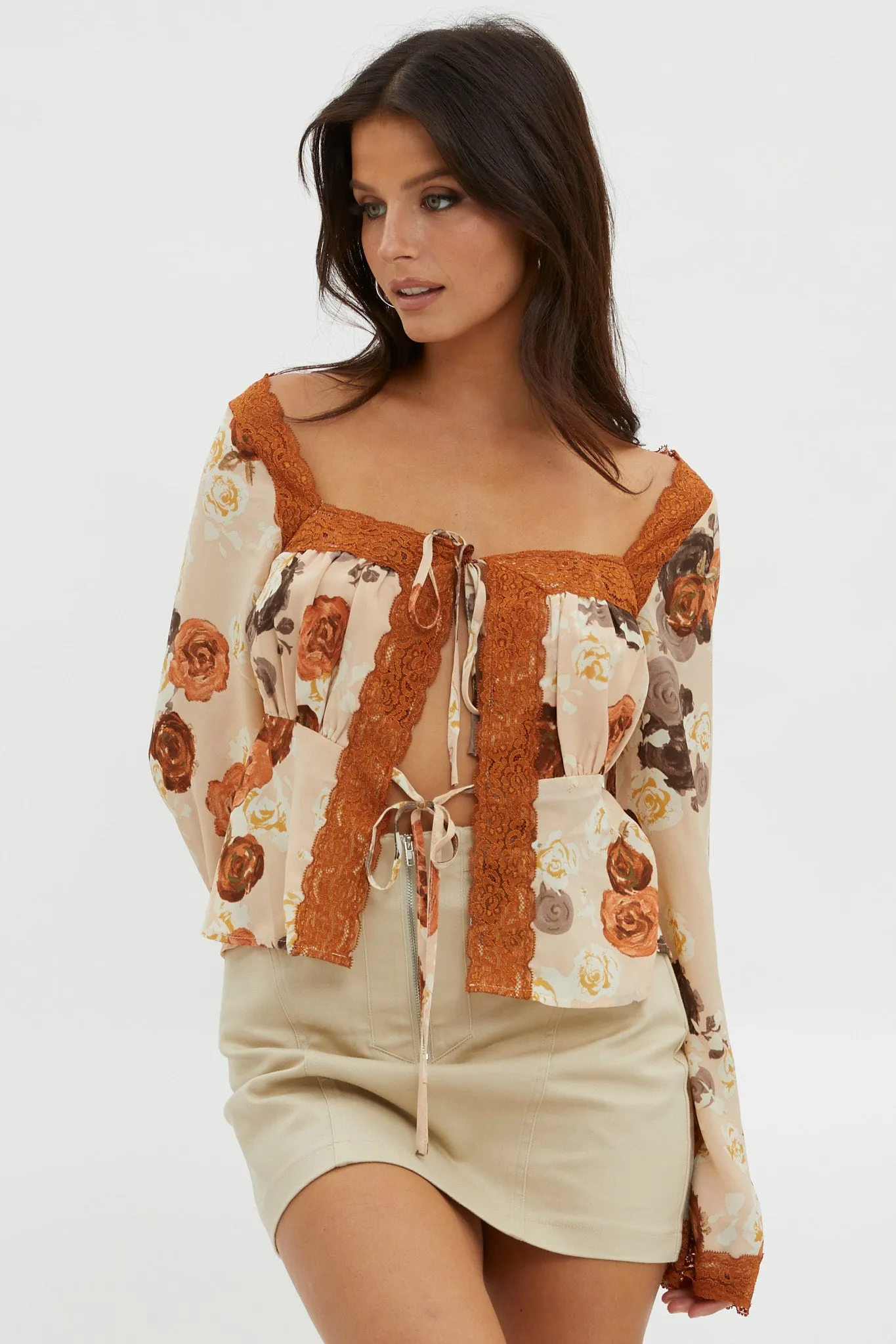 Moxie Tie Front Lace Trim Top Brown sold by Selfie Leslie