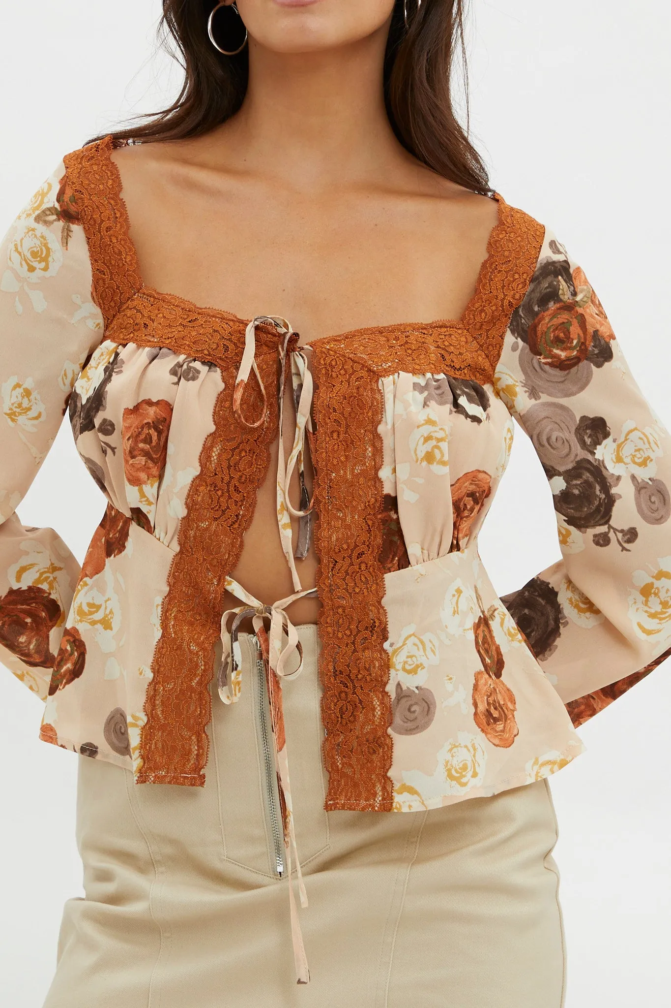 Moxie Tie Front Lace Trim Top Brown sold by Selfie Leslie product image thumbnail 5