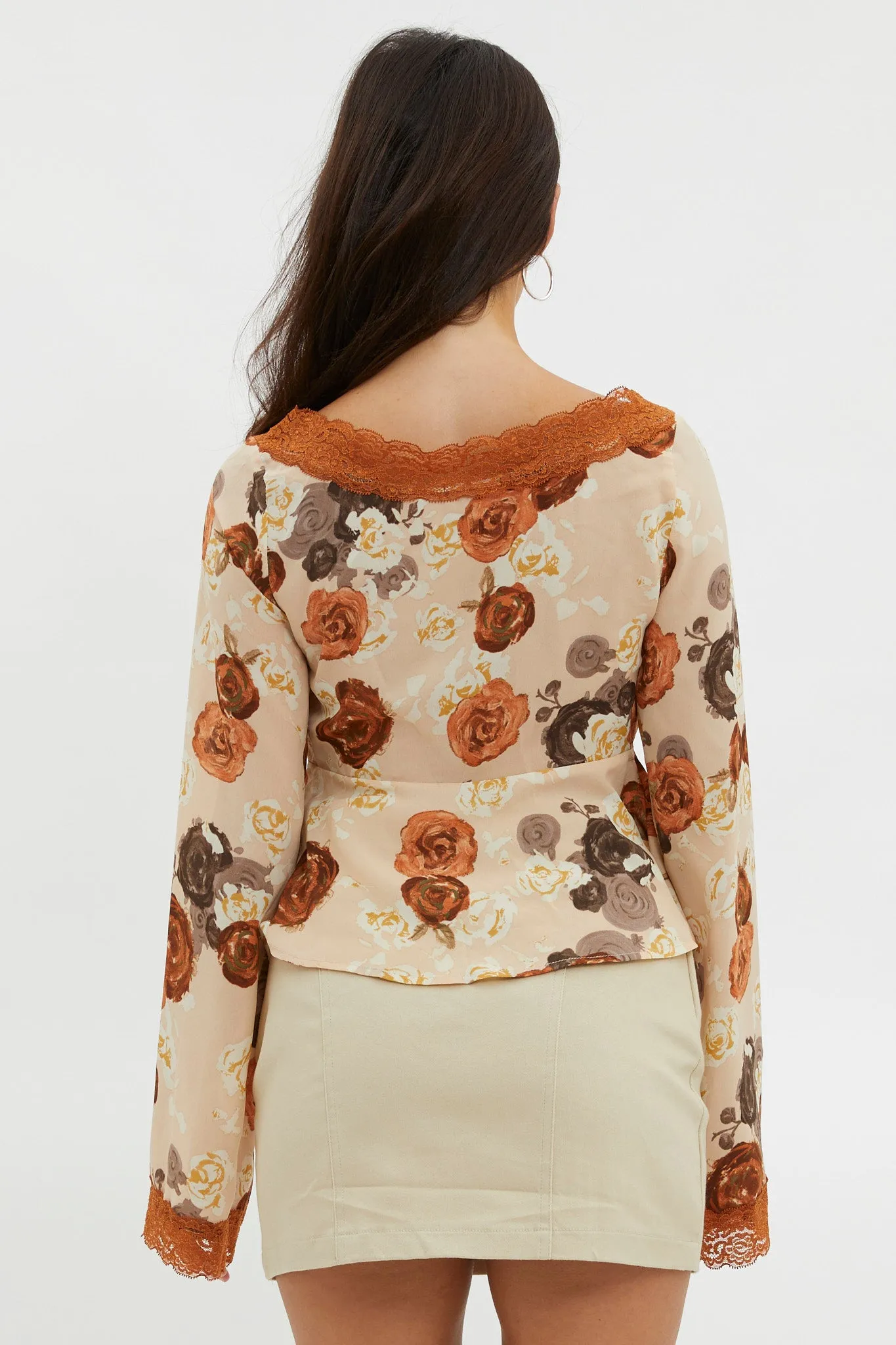 Moxie Tie Front Lace Trim Top Brown sold by Selfie Leslie product image thumbnail 3