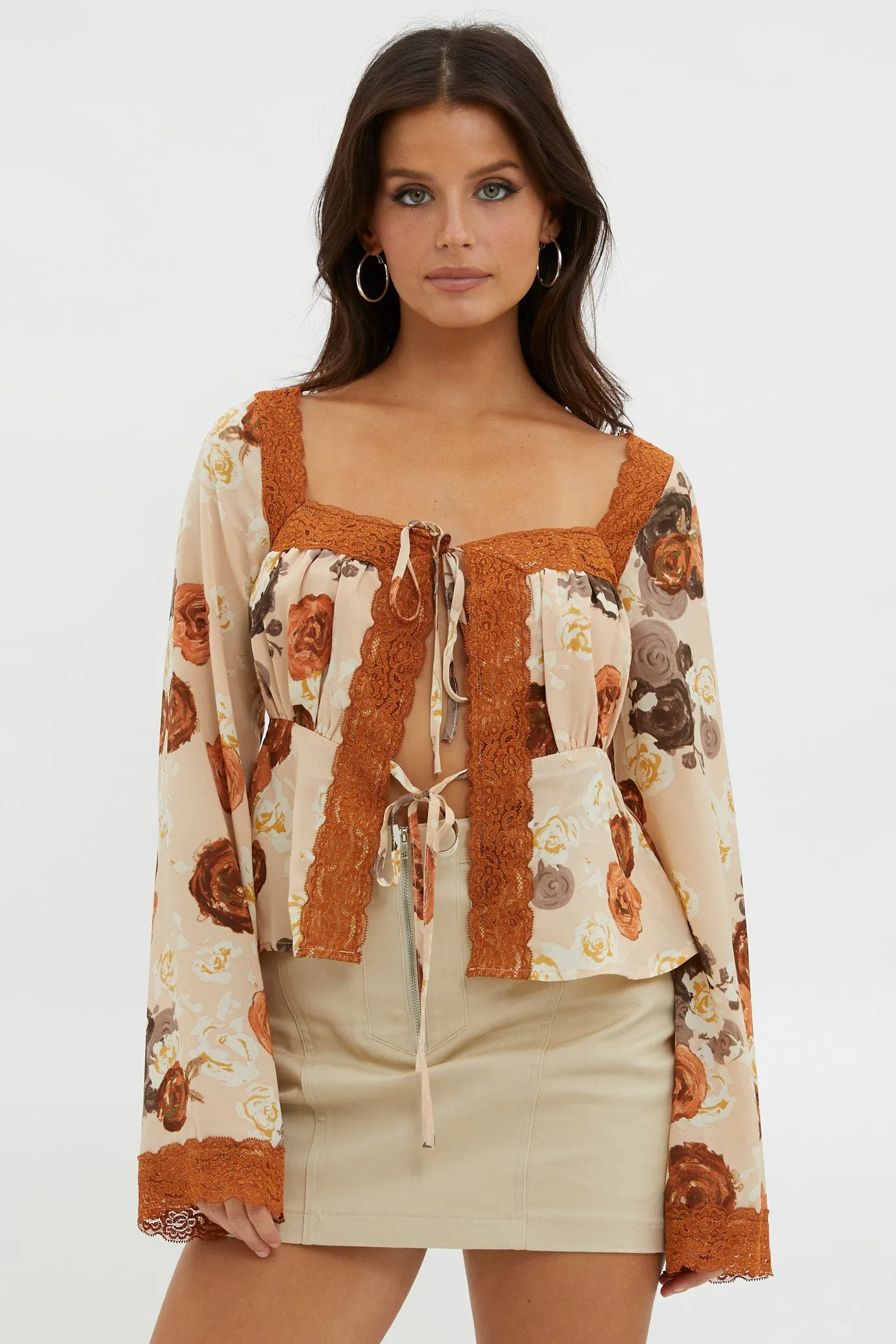 Moxie Tie Front Lace Trim Top Brown sold by Selfie Leslie product image thumbnail 4