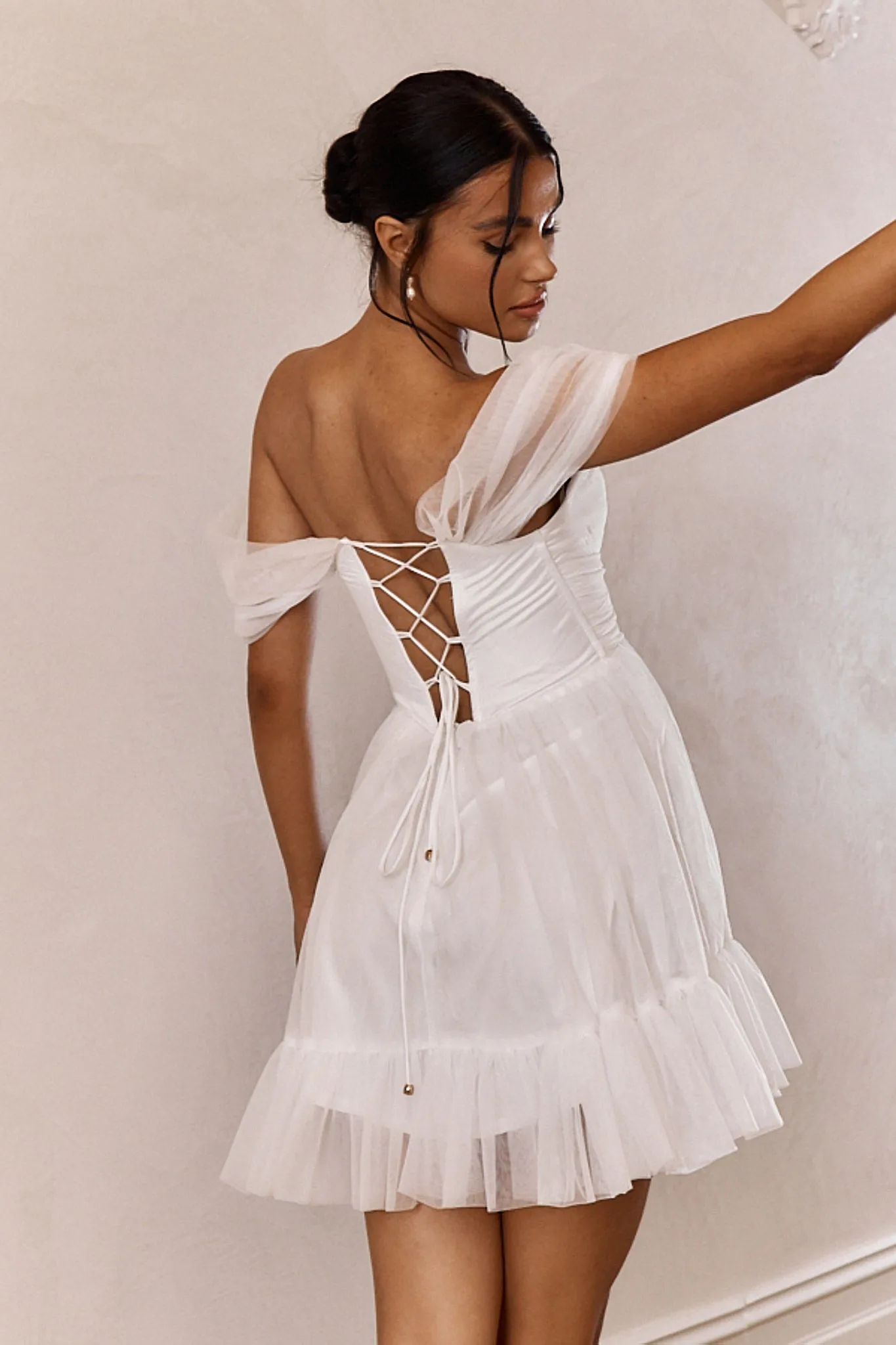Pixi Off-Shoulder Lace-Up Back Mini Dress White sold by Selfie Leslie product image thumbnail 2